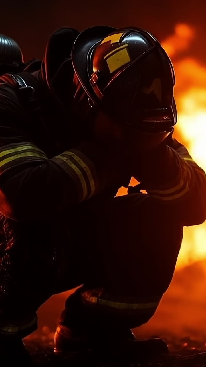 Firefighter rests amidst flames at night. A weary firefighter crouches by a fierce nighttime blaze, showcasing the dangers of their brave work.