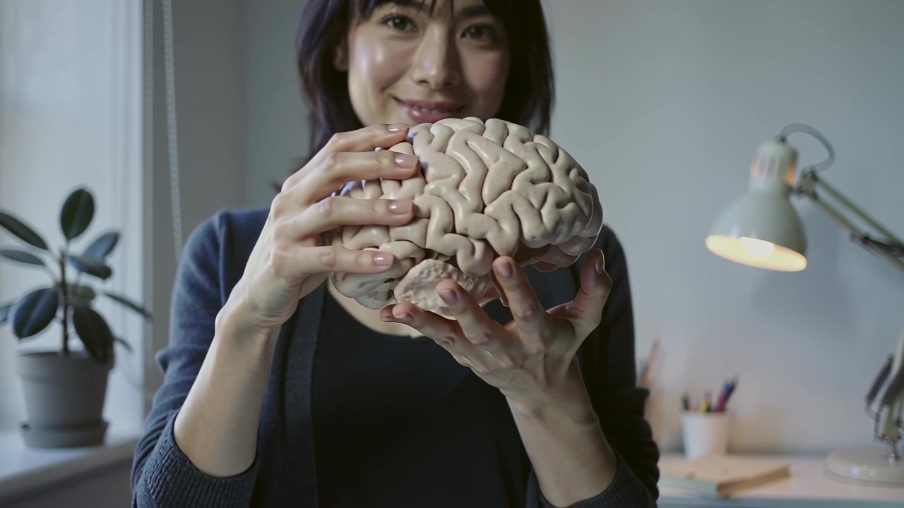 Comenzando la demostración, una mujer con cárdigan oscuro levanta y gira un modelo de cerebro en el estudio mostrando los pliegues