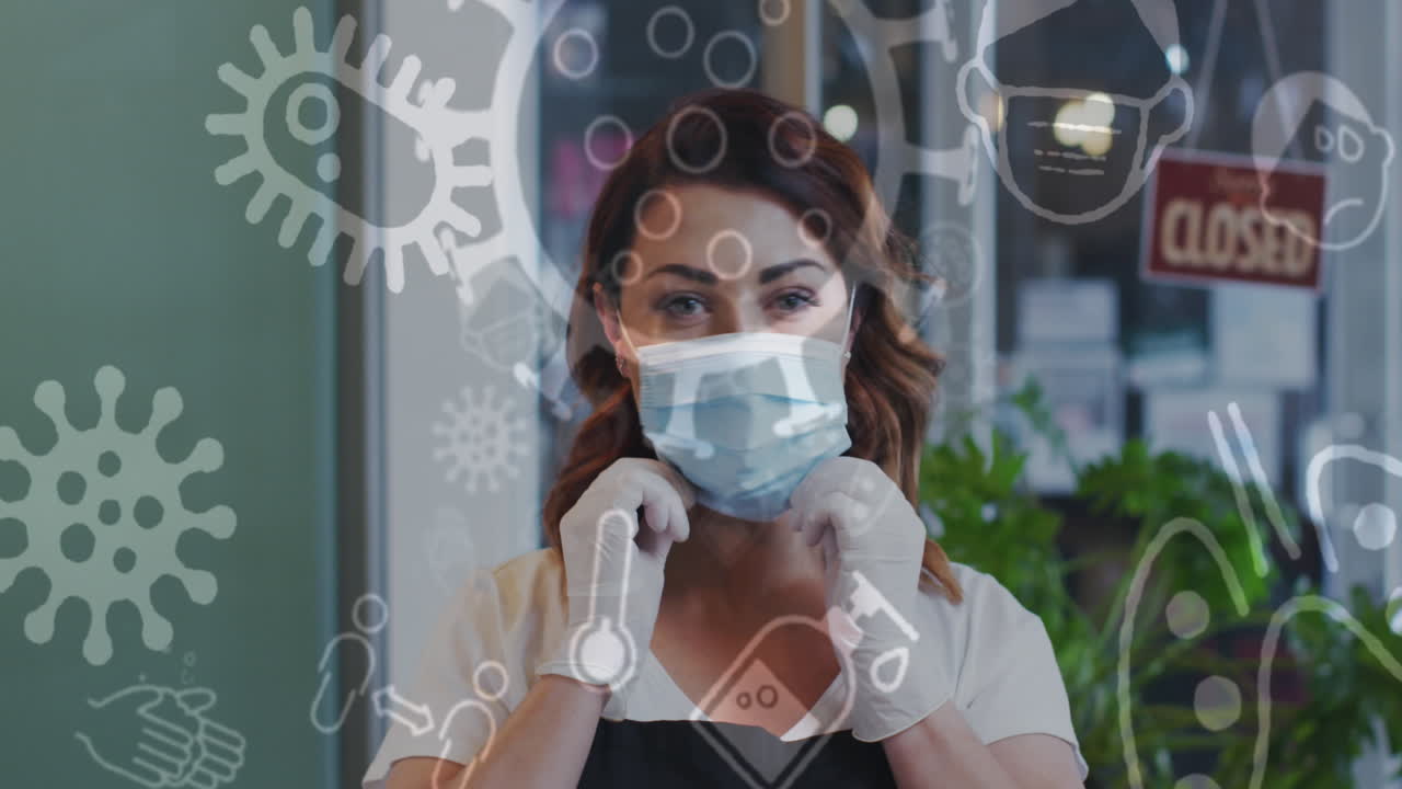 코로나바이러스 아이콘의 애니메이션 백인 여성 미용사가 얼굴 마스크를 착용하고 있습니다.