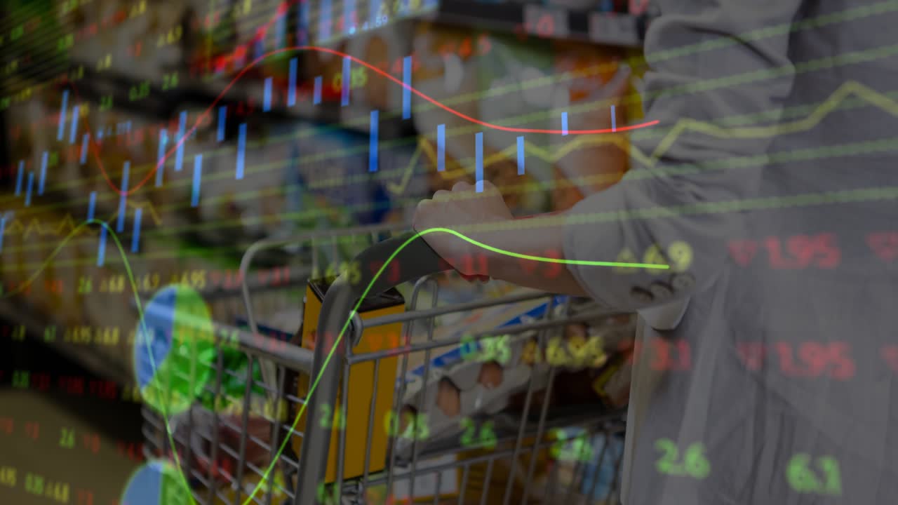 Shopper starting push, moving cart past grocery shelves, shopping while finance charts overlaying