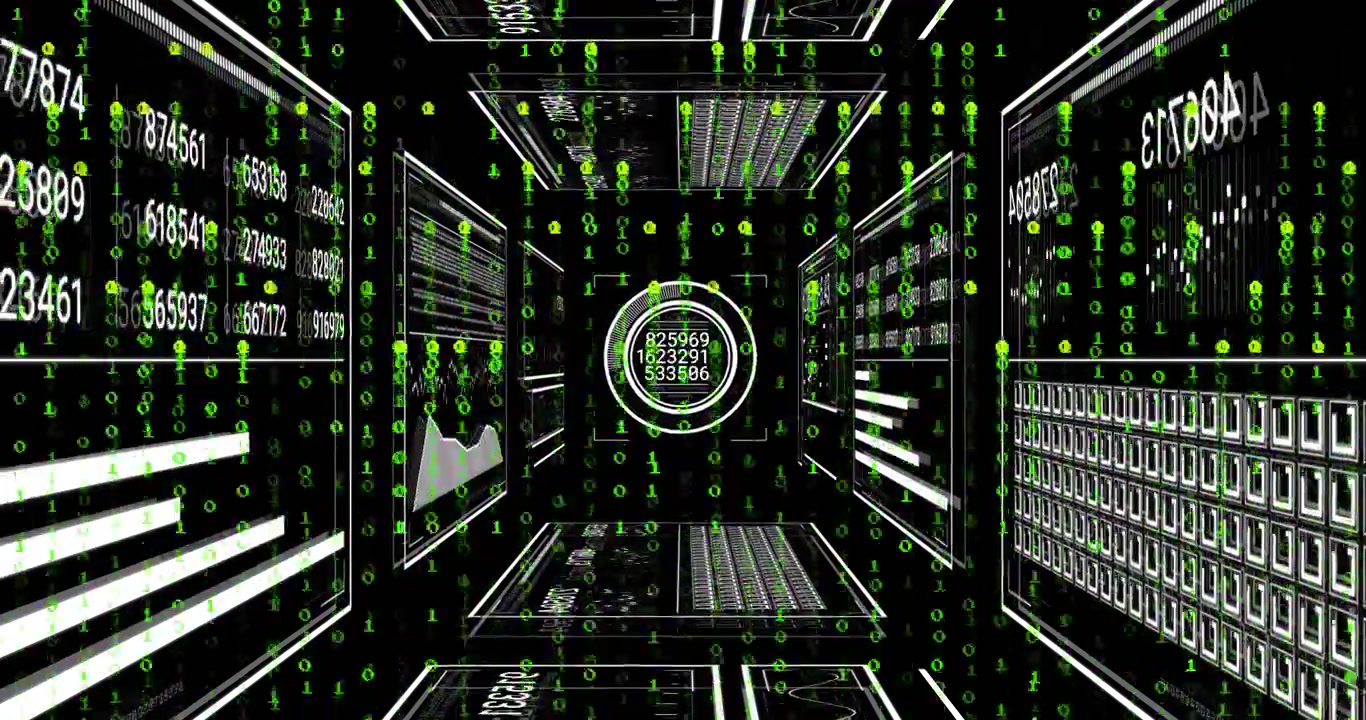 Opening wireframe corridor starting green binary cascading central interface refreshing metrics