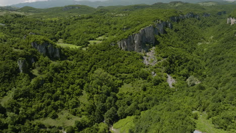 vast green wooded valley landscape with rock cliffs in georgia