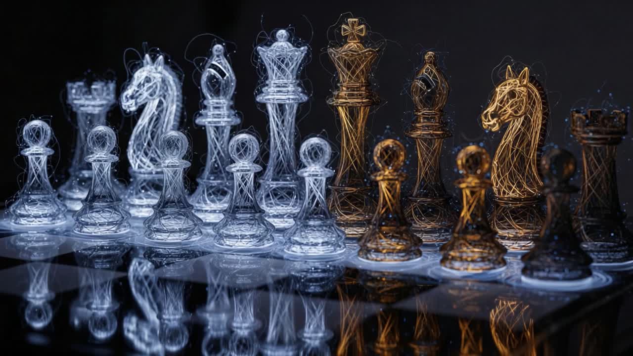 A Stunning Display of Artistic Chess Pieces Illuminated Against a Dark Background, Showcasing Intricate Designs and Captivating Colors in a Game of Strategy