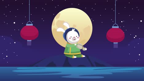 mid autumn animation with rabbit in the lake