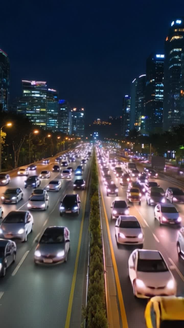 Una bulliciosa escena callejera urbana de noche, mostrando un denso flujo de tráfico con coches iluminados y rascacielos bordeando el paisaje urbano bajo el cielo nocturno.