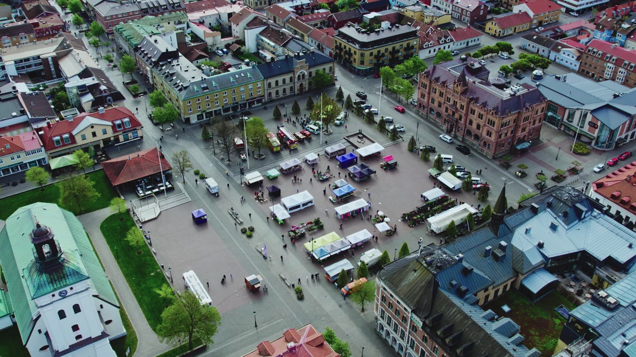 Aerial View Of The Central Marketplace At Varberg Square In Sweden.
