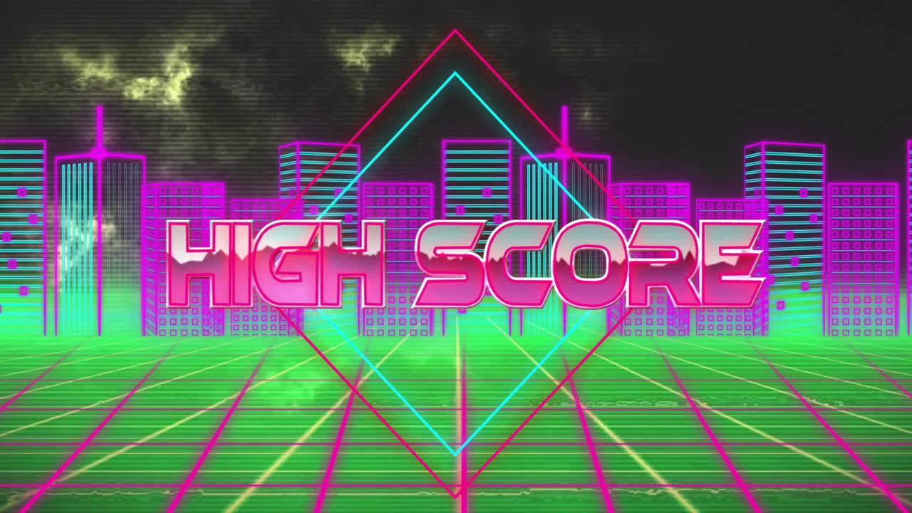 High score text animation over neon cityscape with grid lines
