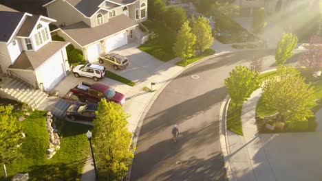 A-man-riding-his-skateboard-down-a-hill-through-a-neighborhood-and-coming-to-a-stop-by-putting-his-hands-on-the-ground-and-sliding