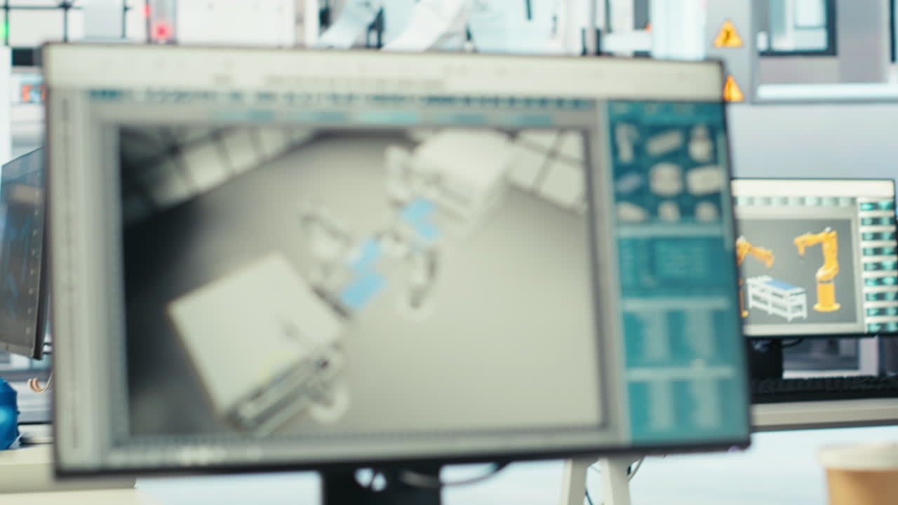 비어있는 광전자 공장에서 책상 위에 pc 시스템 모니터링 성능, 클로즈업