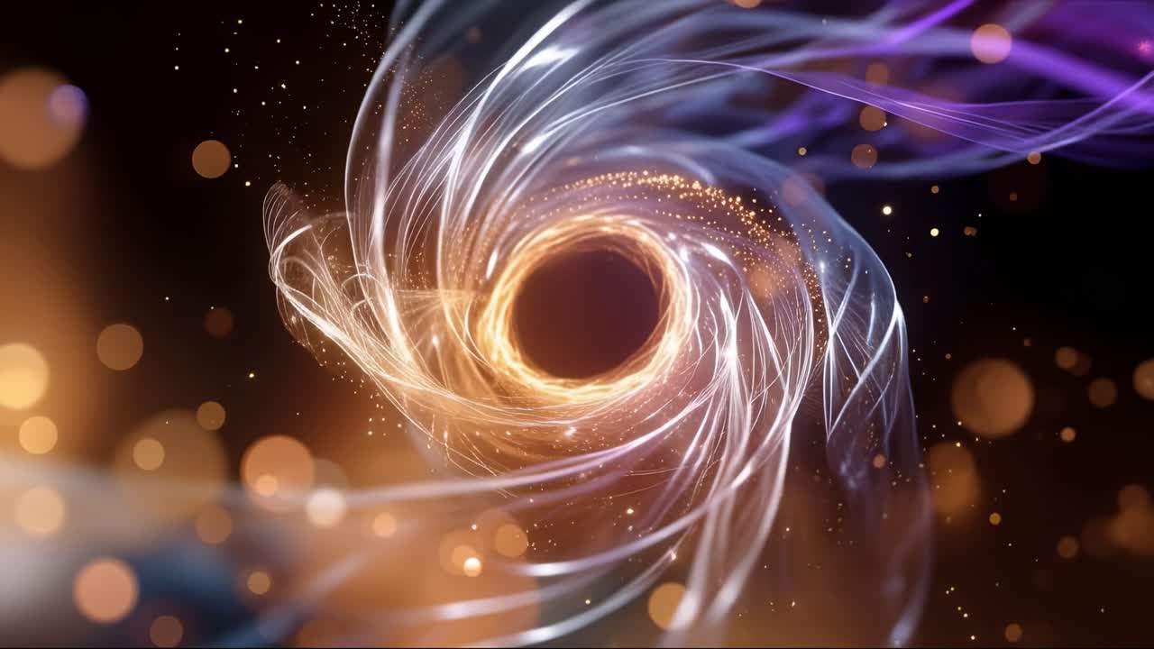 Vortici cosmici ruotano attorno a un centro scuro. Scintille dorate fluttuano attraverso nastri luminosi. Tonalità viola turbinano attorno al vortice. Morbide luci bokeh brillano sullo sfondo. Perfetto per un'atmosfera sognante e futuristica.