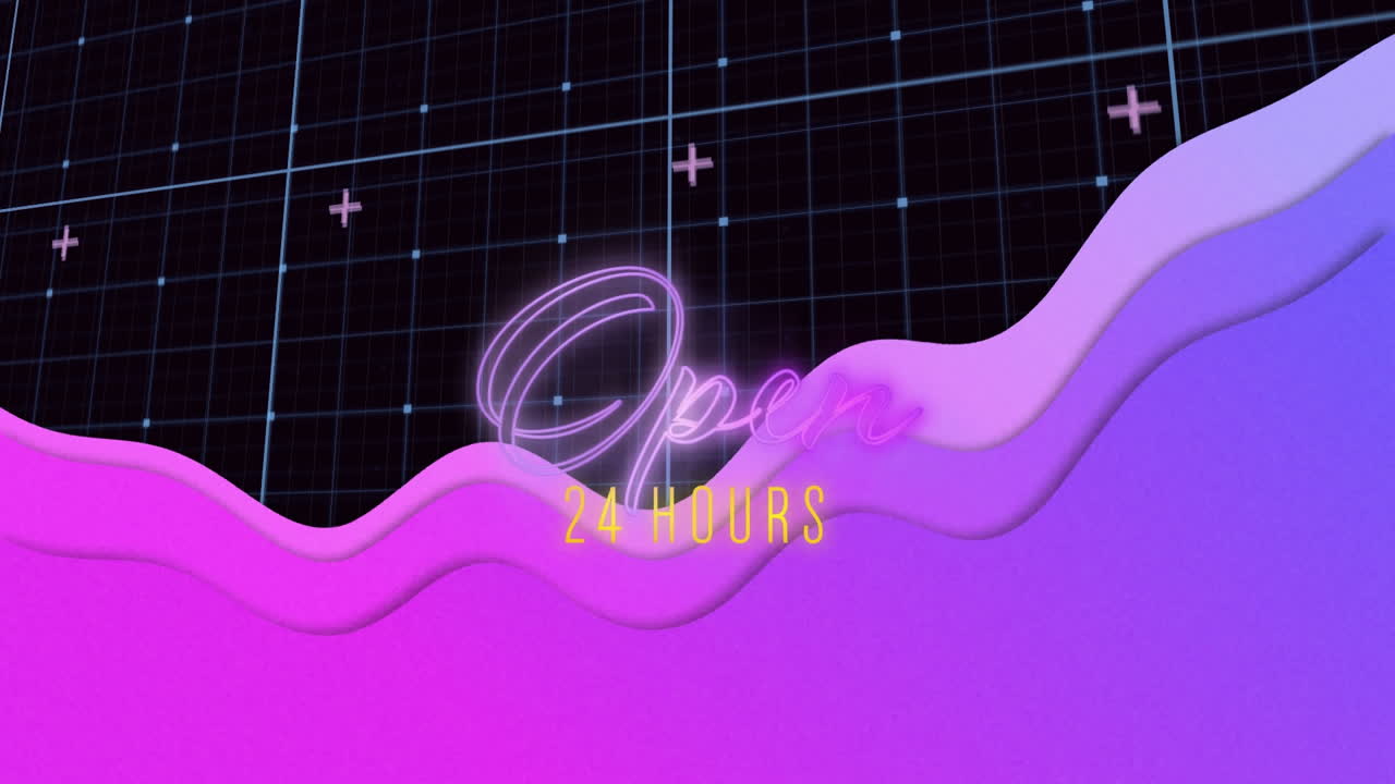 블랙에 디지털 그리드 위에 분홍색 파동으로 네온으로 열린 24시간 텍스트의 애니메이션