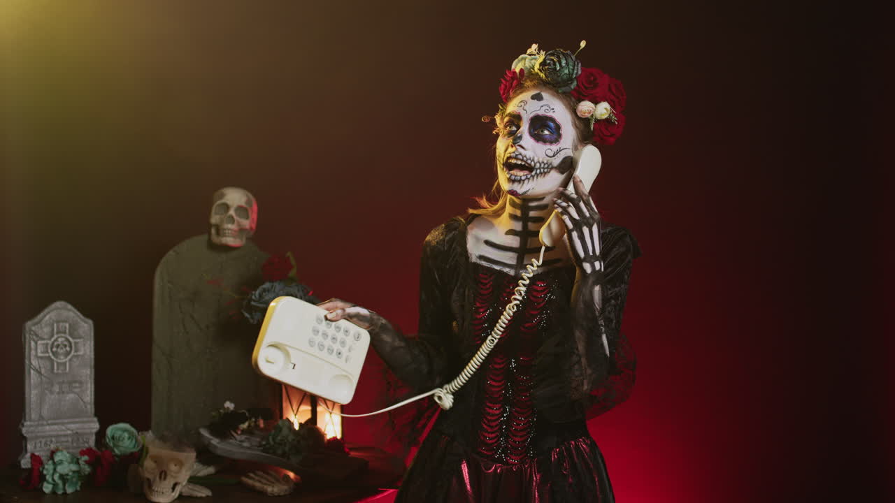 Woman in Day of the Dead Makeup Talking on Telephone