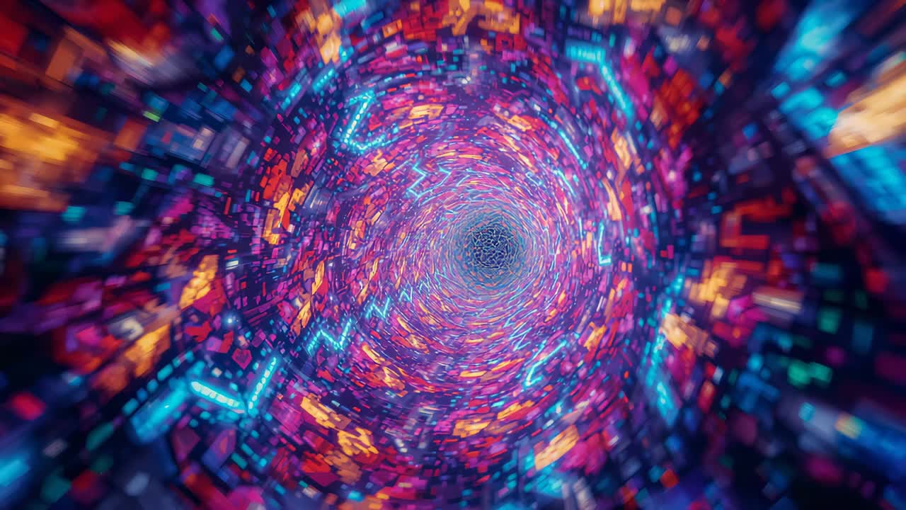 Spiraling 3D vortex moving through digital tunnel on play, evoking motion with neon zigzags