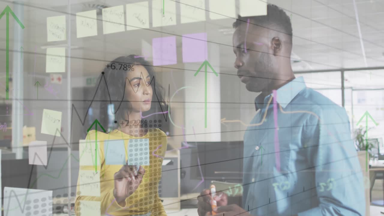 Animation of financial data processing over diverse business people in office