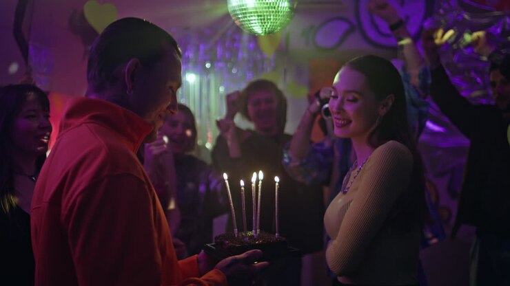 Man bringing cake birthday party to surprised woman closeup. Girl dancing lights