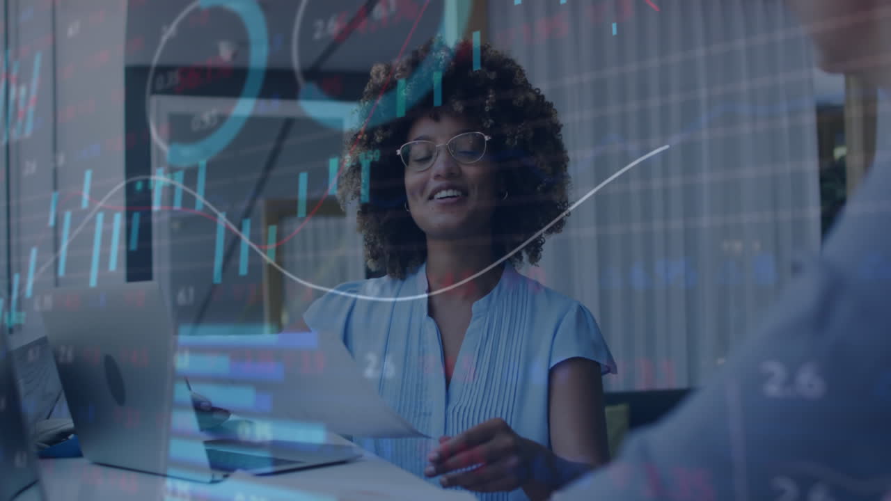 Animation of data processing over diverse business people in office