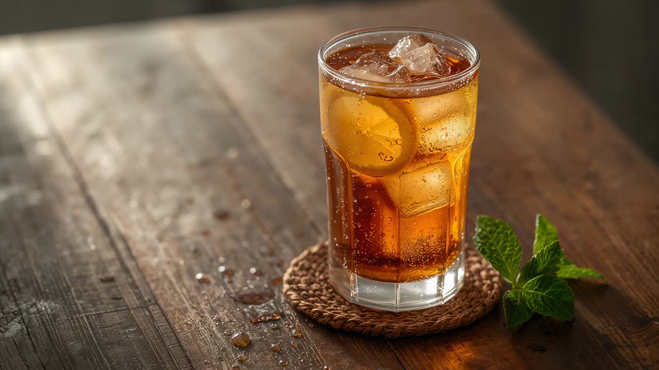 Moving camera drawing glass closer on dark table, showing lemon 3-ice mint coaster showing coldness