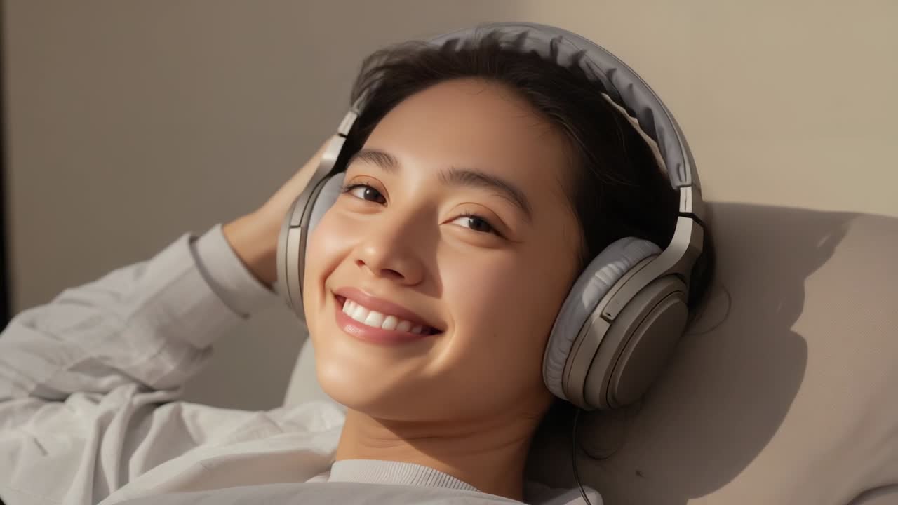 Ascoltando musica, una donna apre gli occhi sorridendo, sdraiata su un cuscino a casa, in felpa grigia, con le cuffie.