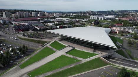 circular-drone-shot-around-Saint-Etienne-Zenith-in-Loire-Departement,-Rhone-Alpes,-France