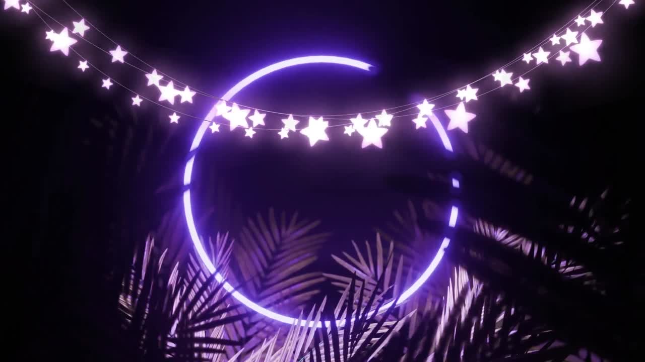 별 줄 빛과 파란색 네온 링의 애니메이션, 검은색 바탕에  ⁇  잎