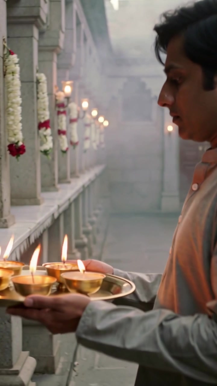 Video verticale: Uomo in kurta con thali acceso che cammina lungo la navata del tempio, offrendo diya per la puja.