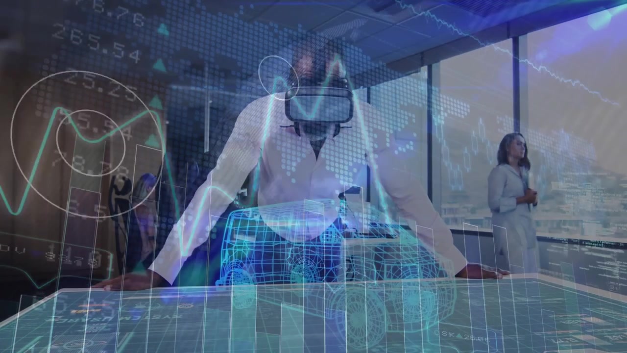Man wearing VR headset leaning and animating holographic graphs with woman observing finance layers