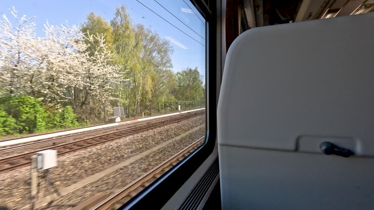 A view looking out of a train window travelling through the scenic German countryside between Berlin and Munich passing a number of platforms and stations, Germany