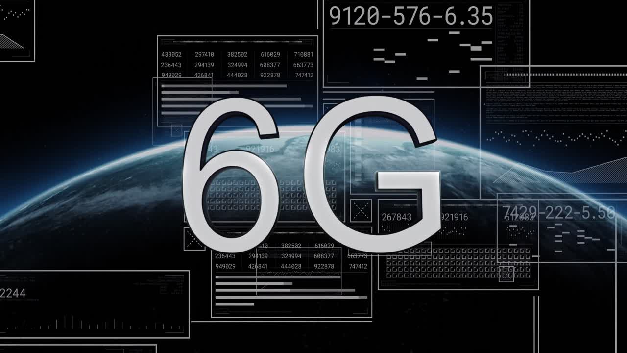 animación de texto 6g, globo y procesamiento de datos por computadora