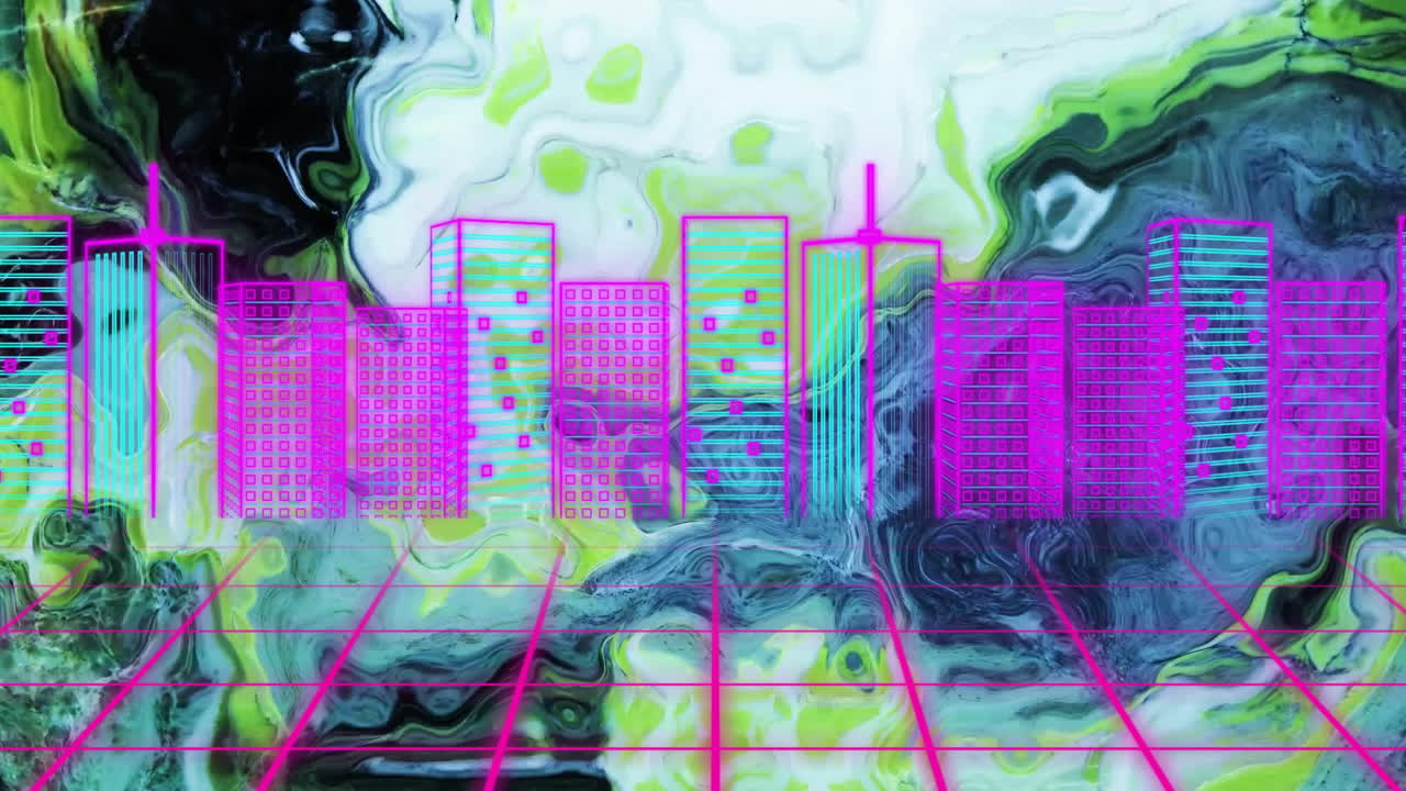 Animation of digital cityscape on green liquid background