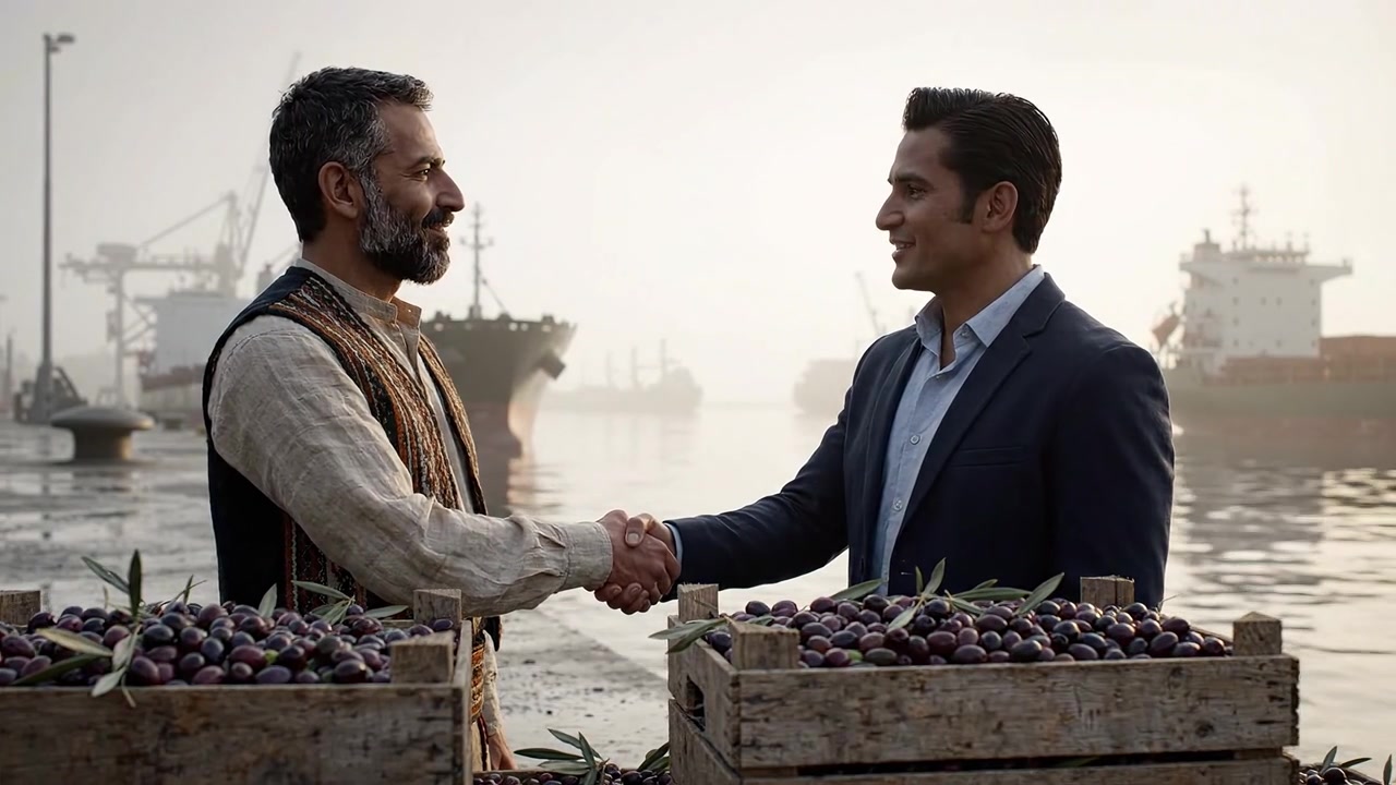 Un momento sereno di connessione: Due uomini che si stringono amichevolmente la mano durante la raccolta delle olive in un contesto portuale rurale all'alba.