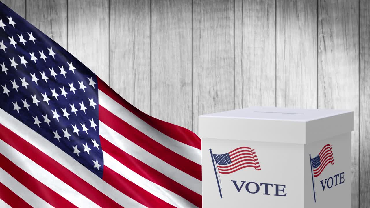 USA Election . President election box VOTE ballot Waving Unated States of America flag Waving USA flag