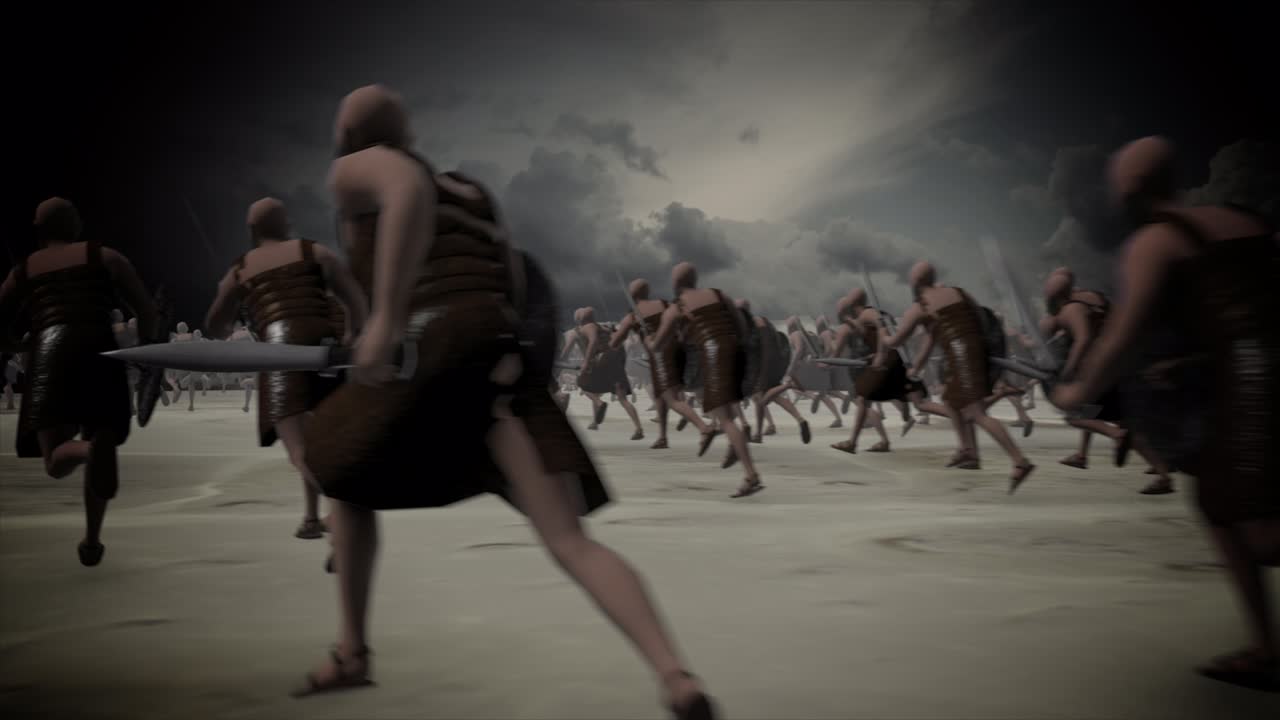 무장 한 전사 들 이 전쟁터 에서 군대 와 함께 공격 하고 있다