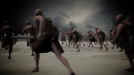 guerreros armados cargando con su ejército en un campo de batalla