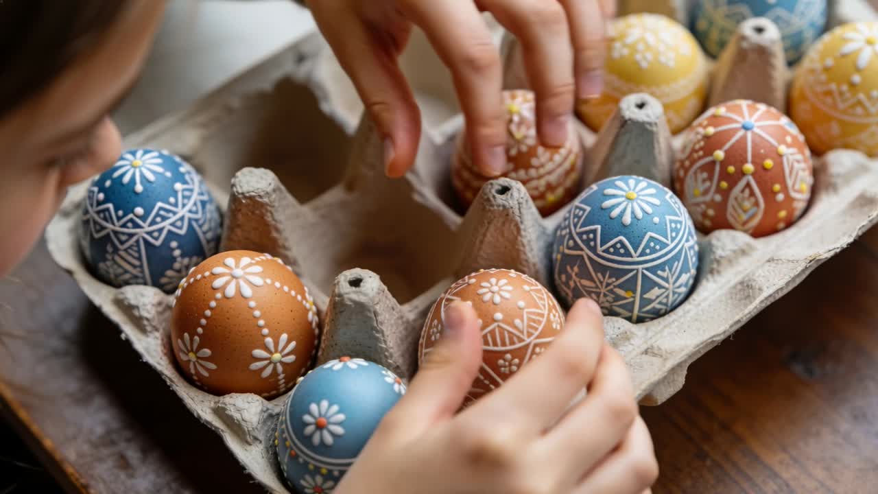 Arranging after camera start child placing eggs into carton at home aligning patterns, gray sweater