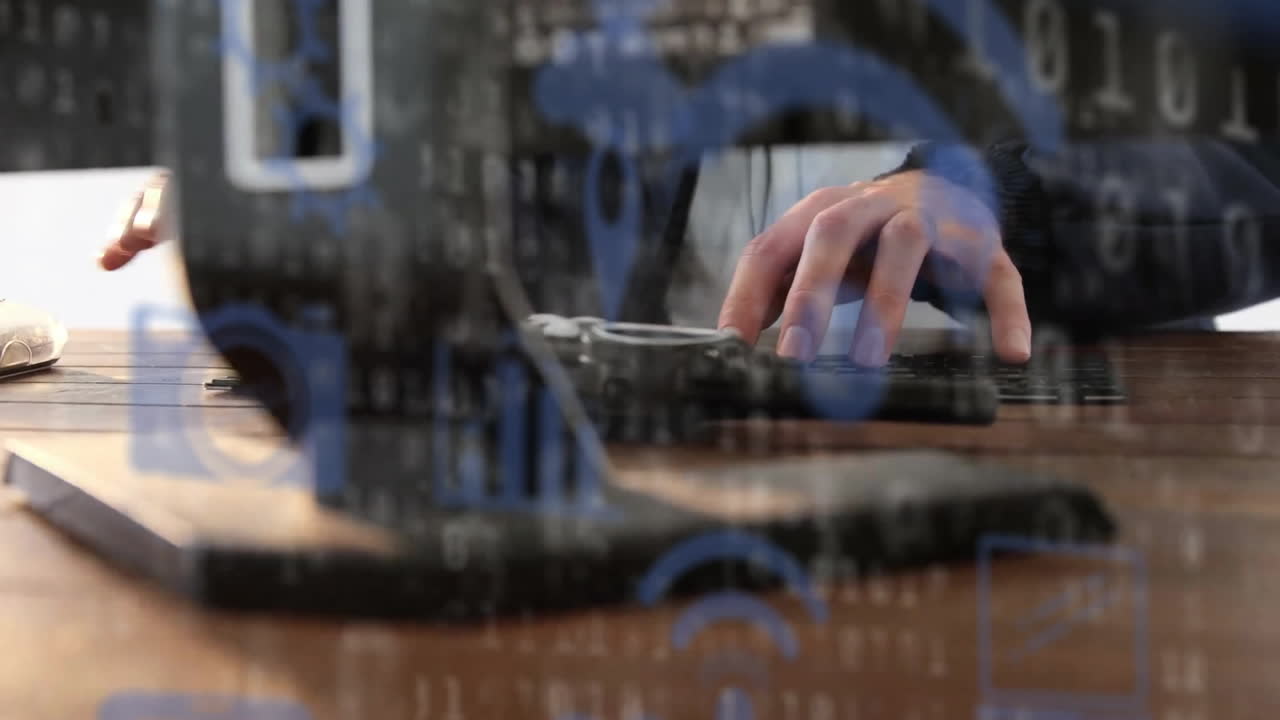 미디어 아이콘의 애니메이션과 바이너리 코딩을 컴퓨터를 사용하는 백인 사업가