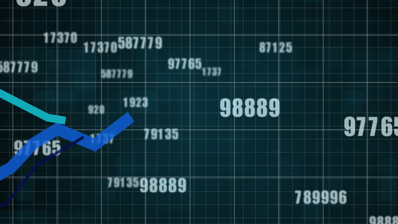 Animation of blue lines ascending numbers changing financial data processing