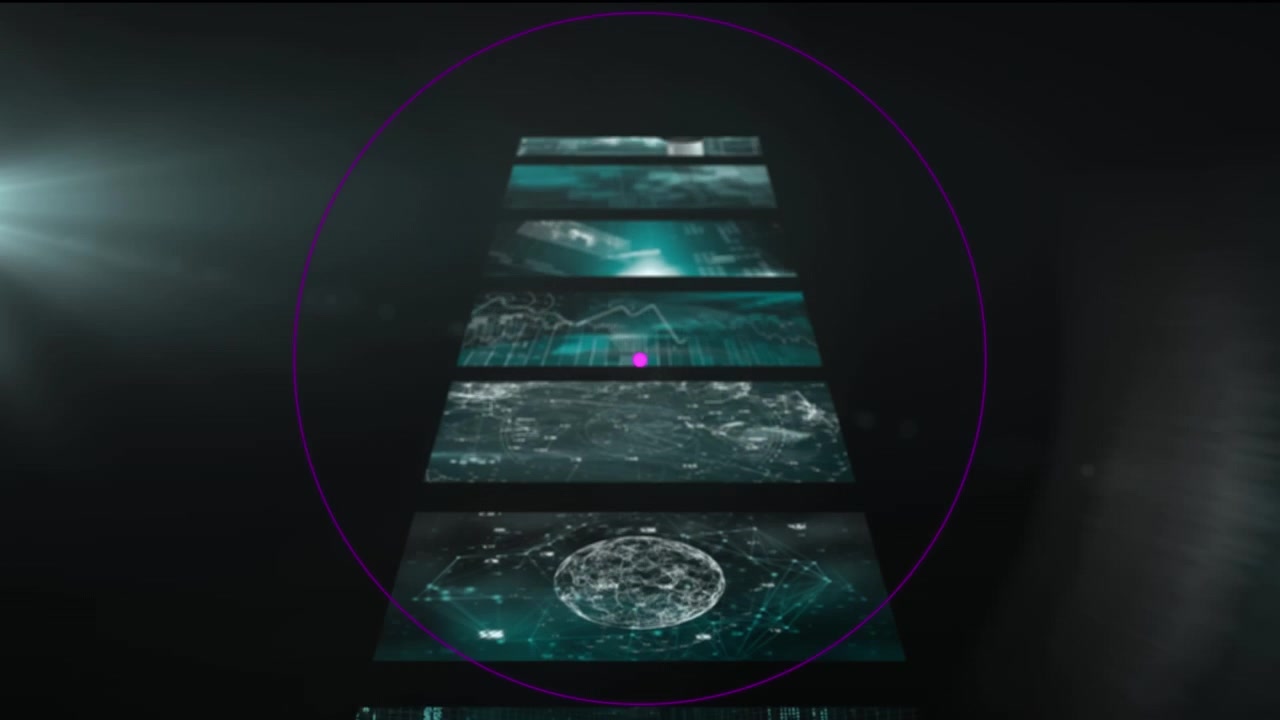 Animation of circular pink scanner rotating over data processing on cascade of interface screens