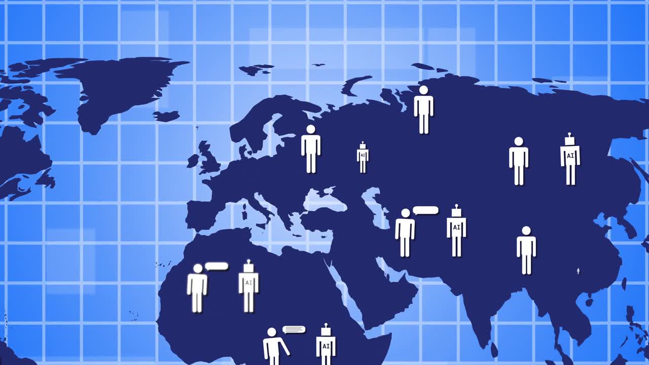 파란색 배경의 세계 지도에서 대화하는 ai  아이콘의 애니메이션