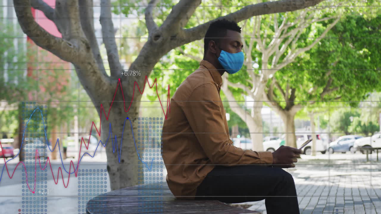 Animation of financial data processing over african american man wearing face mask using smartphone