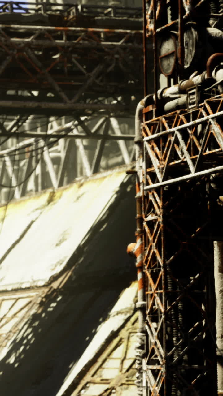 Abandoned industrial site with rusty structures in daylight