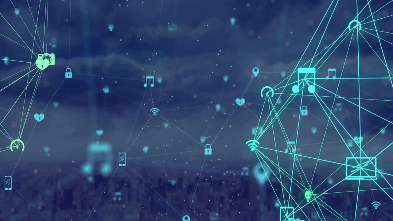 Globe of digital icons and network of connections icons against cityscape