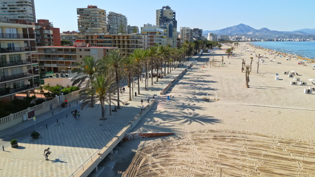 Aerial drone view of people walking on a promenade lined with palm trees near the beach in Alicante, Spain