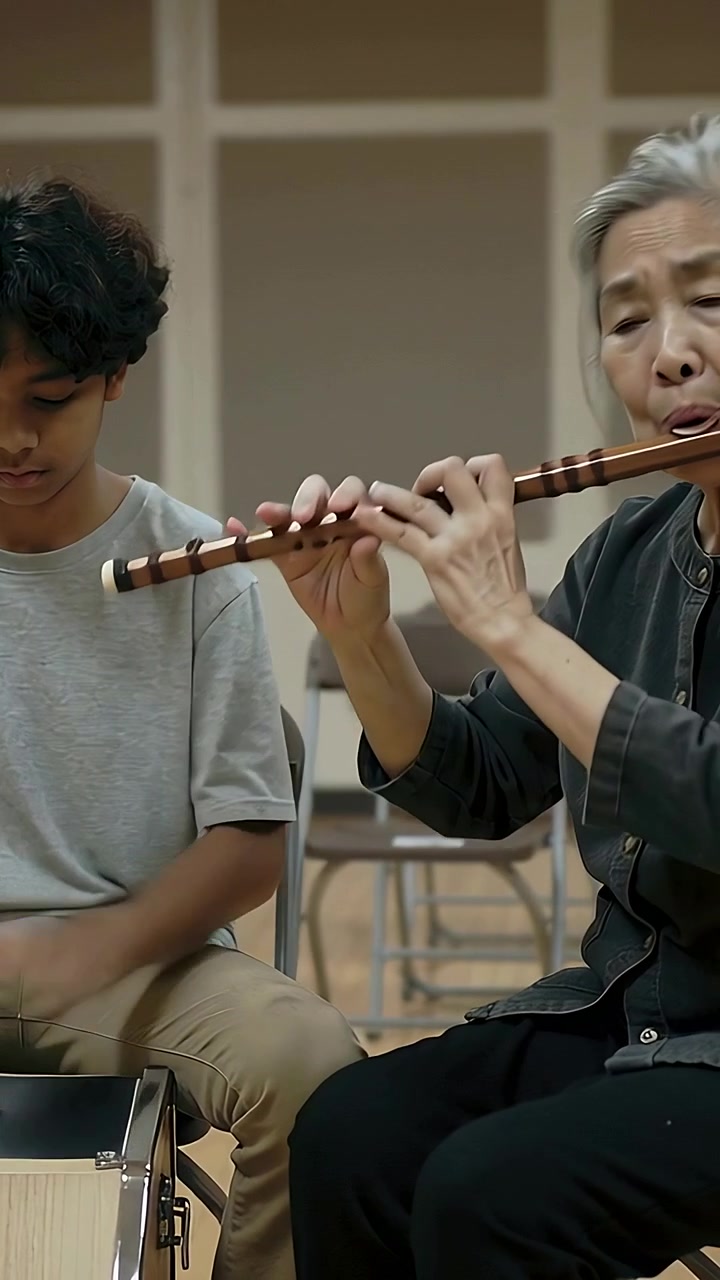 Vertical video: Raising flute, teacher in dark top leading in rehearsal room as teen playing cajon