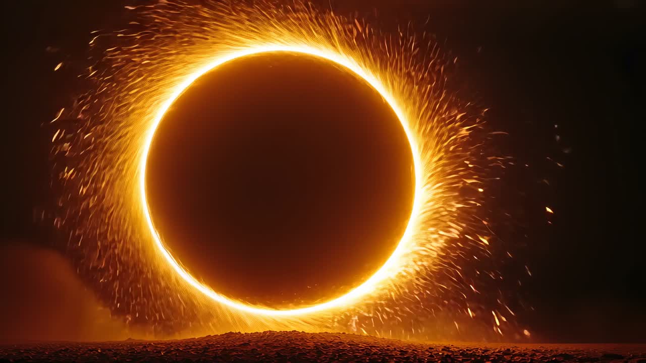 Glow surging fire ring above textured ground, sparks orbiting then erupting upward in fountain