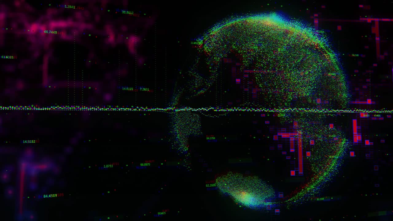 Eintreffende Partikelwolke formt RGB-Globus, dreht sich nach links, während Wellenform zur Datenanzeige pulsiert.
