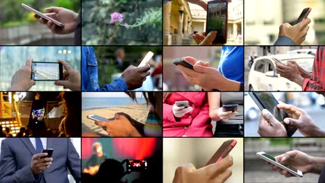 multi screen technology devices being used. hands using smartphones