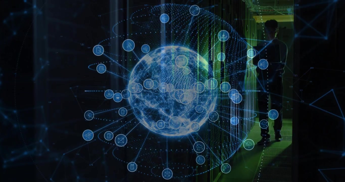 Korean technician watching holographic globe forming nodes visualizing network flow in data center