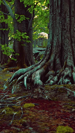 mysterious deep forest with ancient trees and exposed roots