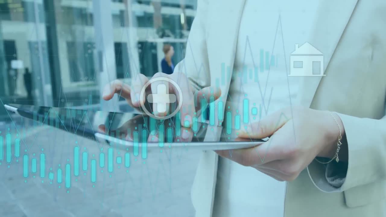 animación del procesamiento de datos estadísticos en la sección media de la mujer de negocios utilizando una tableta digital.