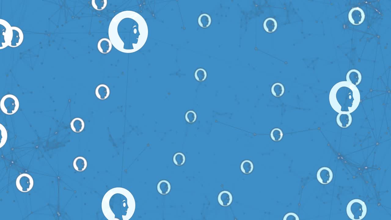 복사 공간과 함께 파란색 배경에 대한 연결 네트워크와 프로필 아이콘의 애니메이션